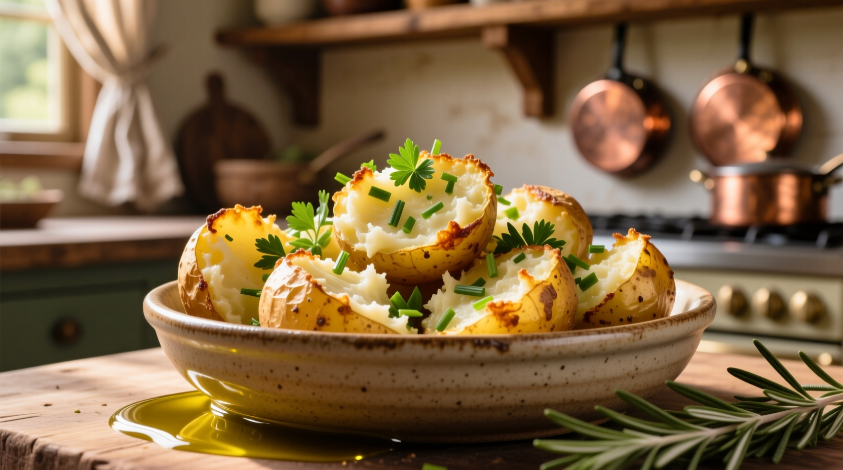 Golden garlic smashed potatoes with crispy edges and fresh herbs