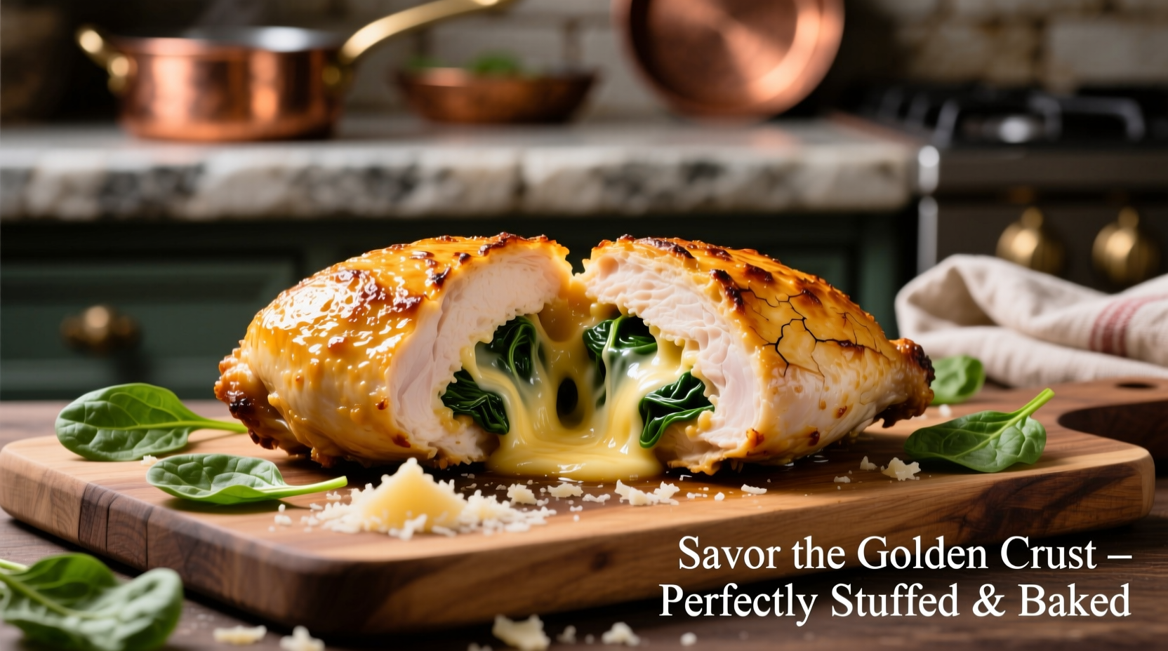 Perfectly cooked spinach cheese stuffed chicken with golden crust