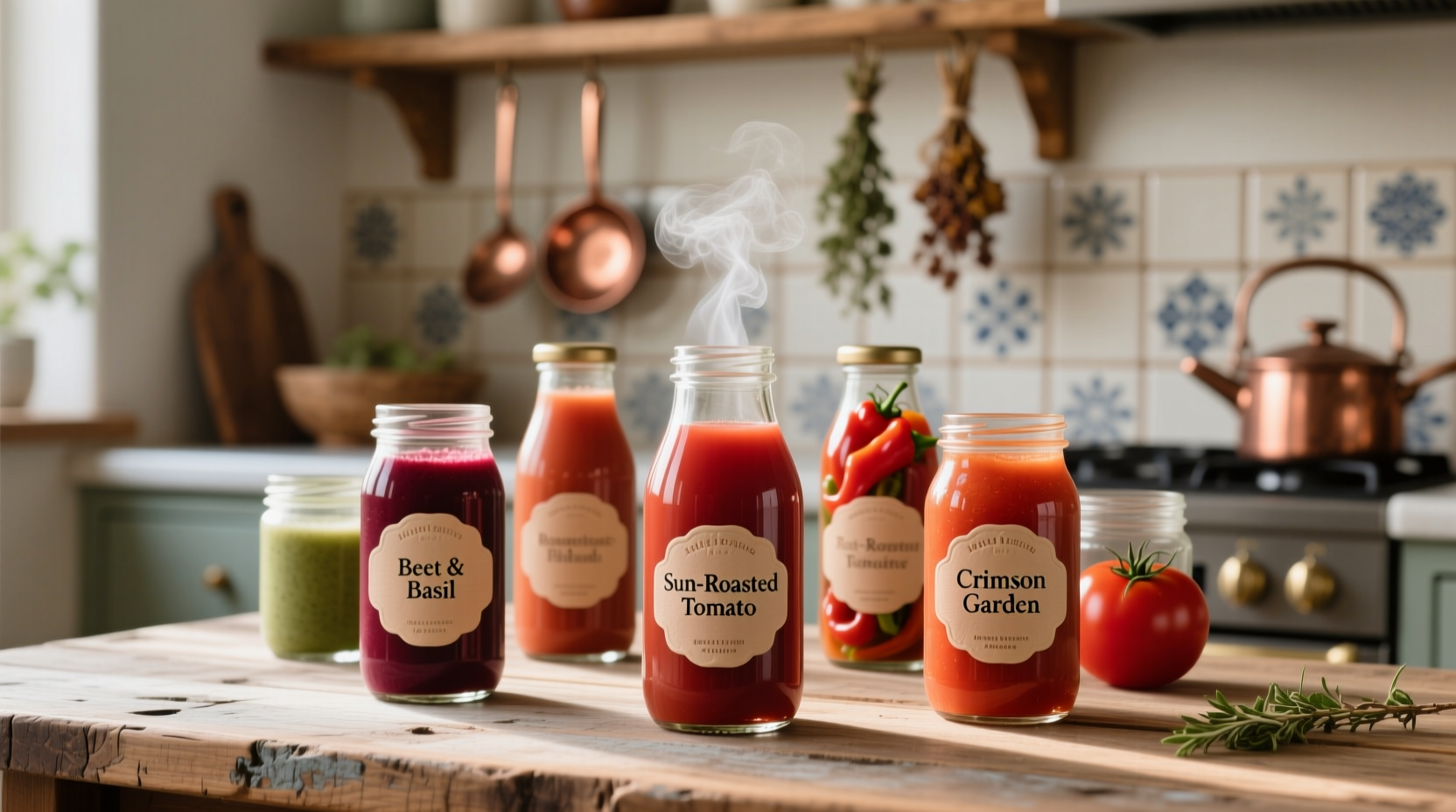 Tomato juice alternatives in glass containers