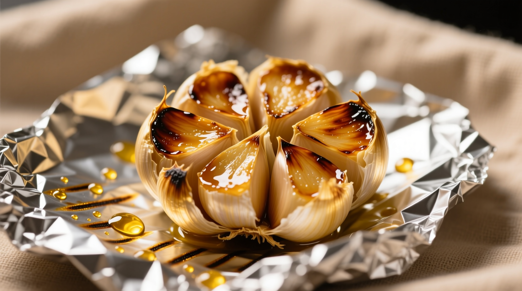 Golden roasted garlic cloves on foil