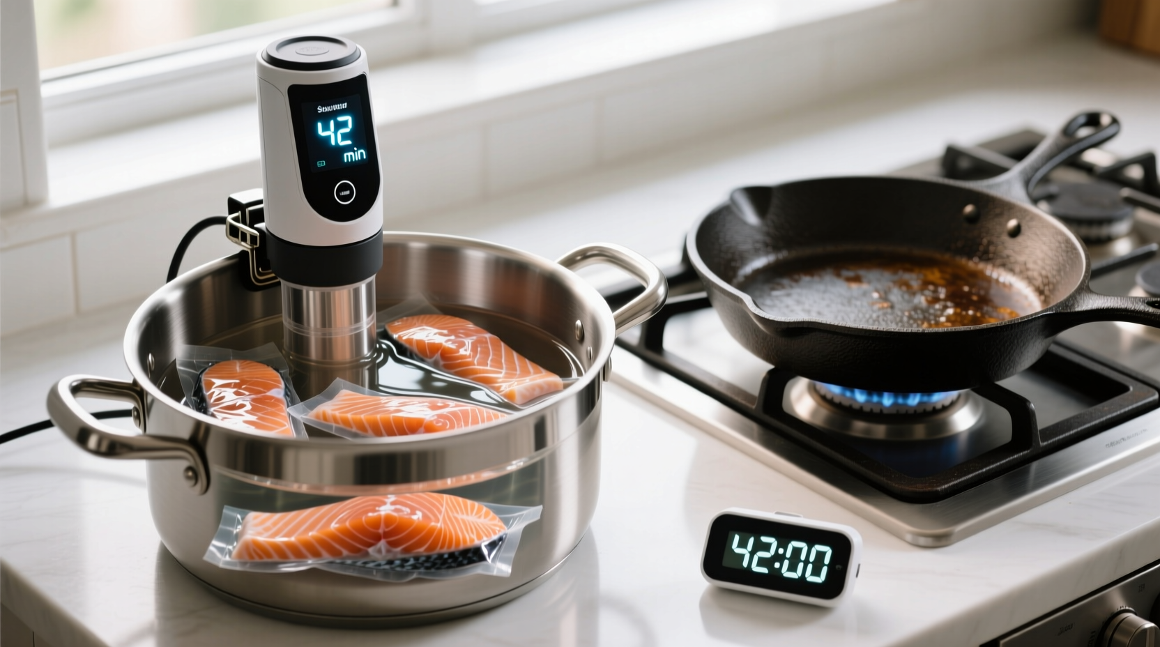 A compact sous vide immersion circulator clipped to a stainless steel pot, with vacuum-sealed salmon fillets floating evenly, a cast-iron skillet preheating nearby, and a timer showing 42 minutes elapsed on a clean countertop