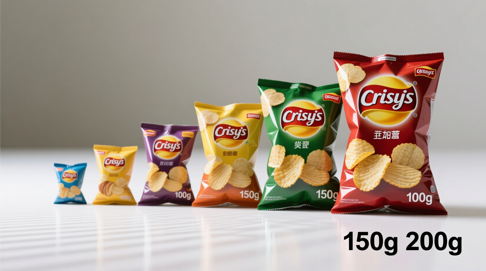 Potato chip bags arranged by size showing weight measurements
