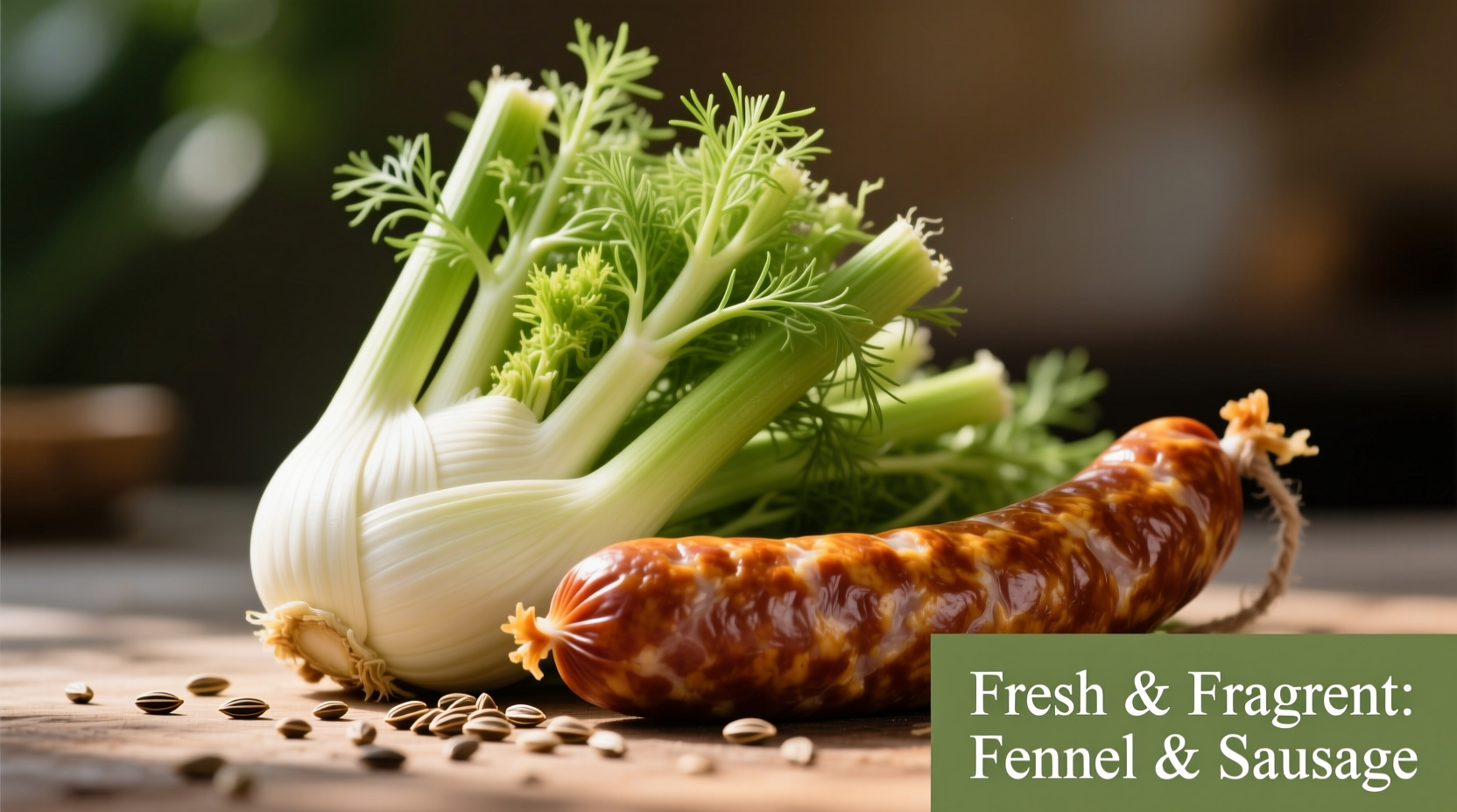 Fresh fennel bulbs and seeds beside Italian sausage