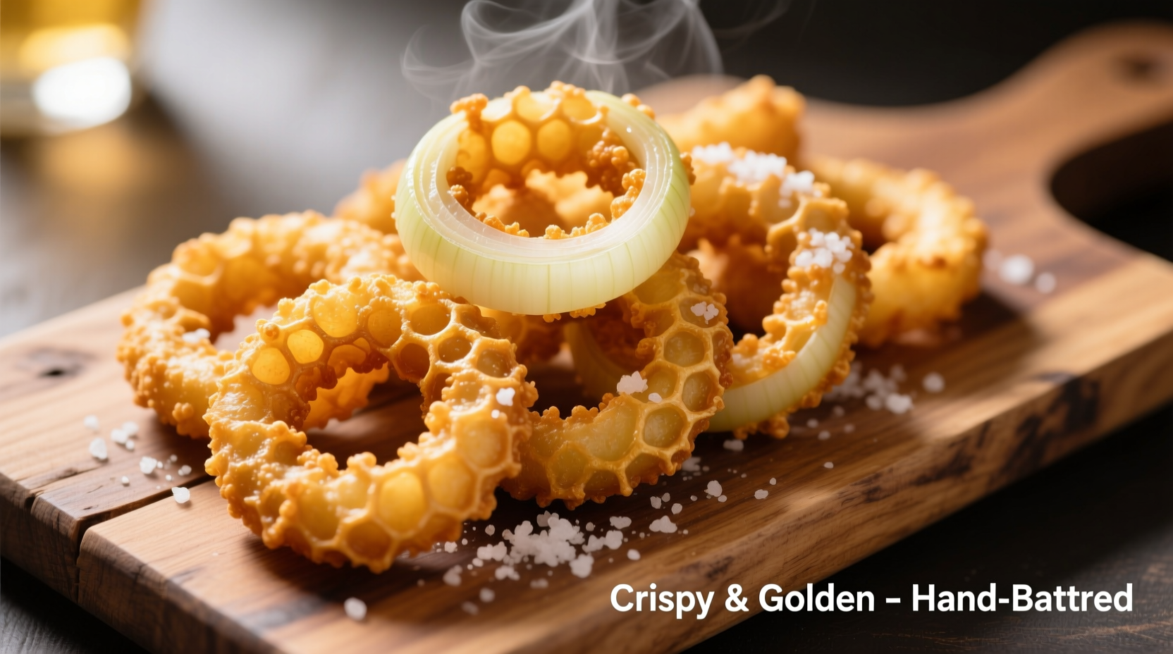 Golden beer battered onion rings on wooden board