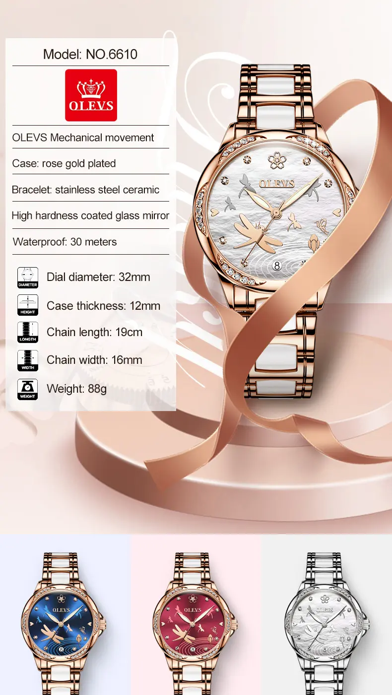 Women Watch Top Brand OLEVS Lovey Women Mechanical Watch Water Resistant Feature Fashion Diamond Valentine Automatic Watches