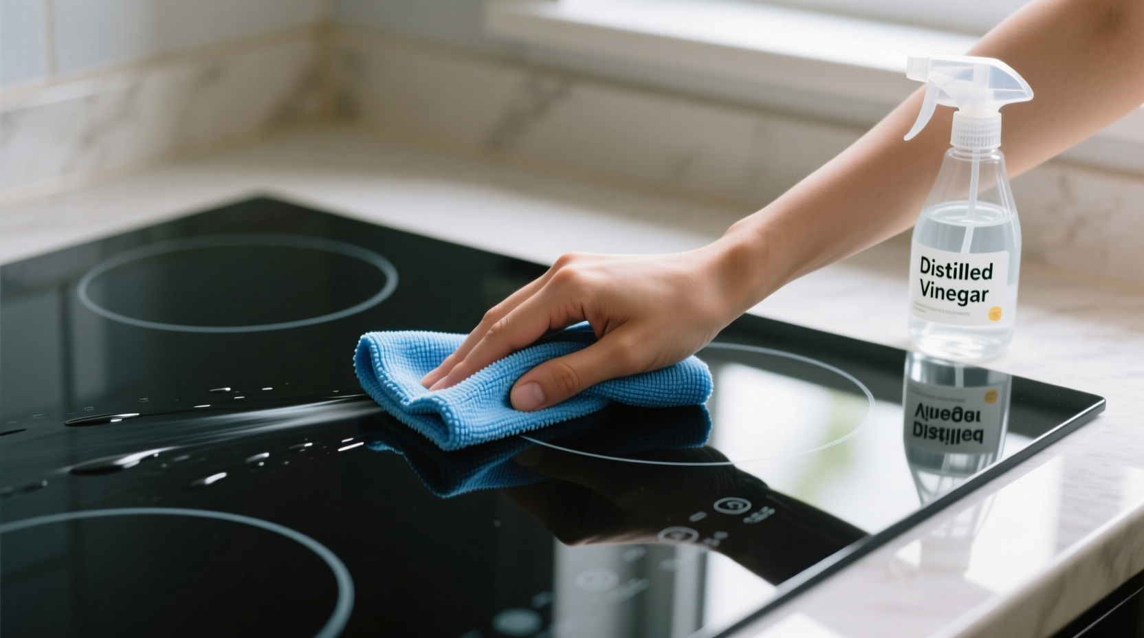 Close-up of a hand using a folded blue microfiber cloth to wipe a streak-free, gleaming black glass cooktop surface, with a small spray bottle of distilled vinegar visible in the background
