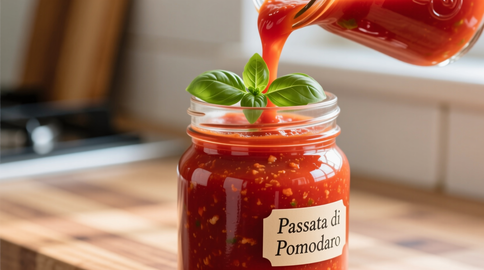 Fresh tomato passata in glass jar with basil garnish