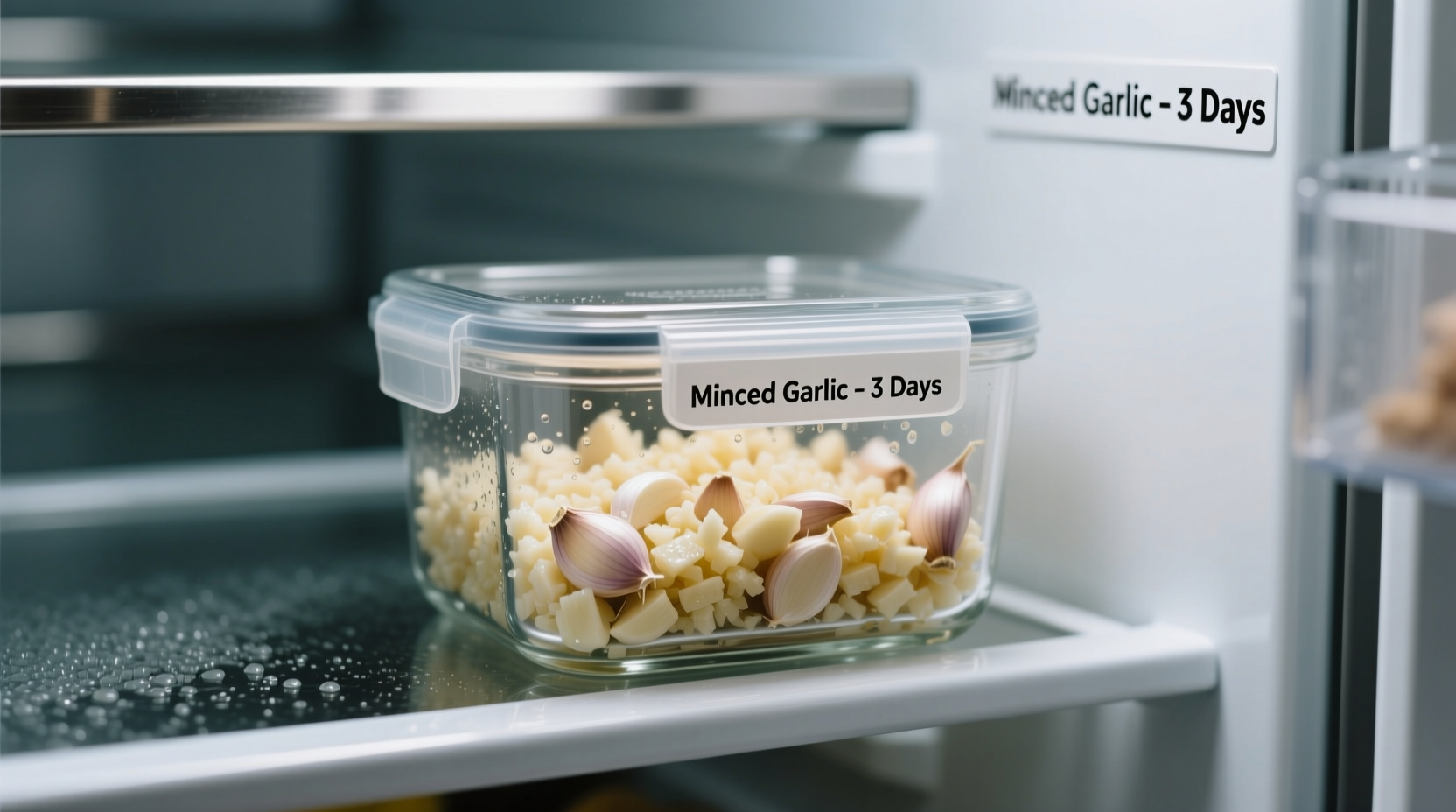 Minced garlic in airtight container in refrigerator