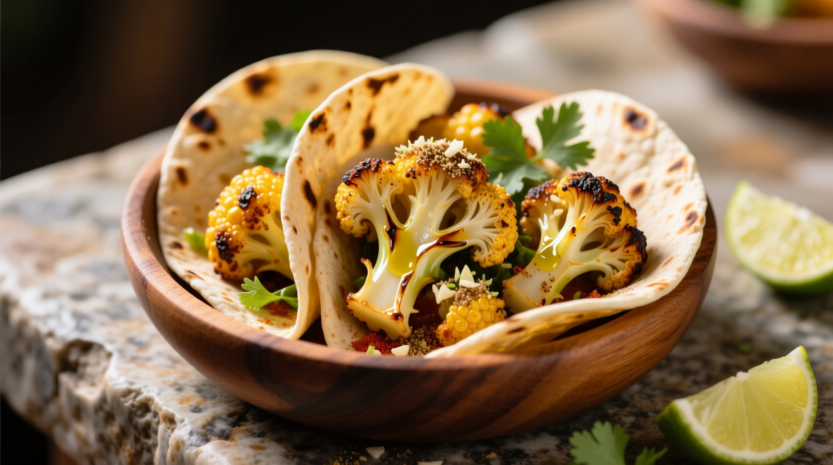Golden roasted cauliflower florets in corn tortillas