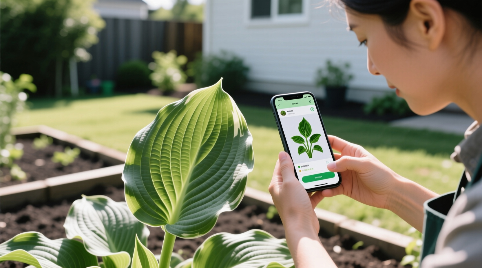Gardener using smartphone app to identify hosta plant in backyard garden, focusing on leaf structure