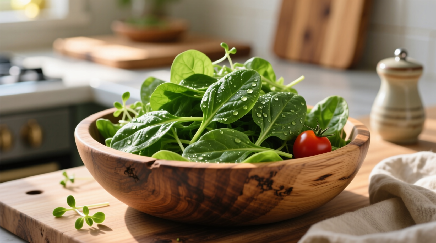 Fresh spinach leaves in a wooden salad bowl