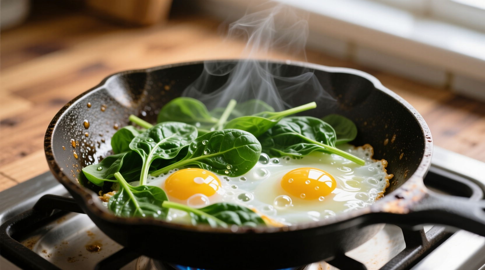 Fresh spinach and eggs cooking in skillet