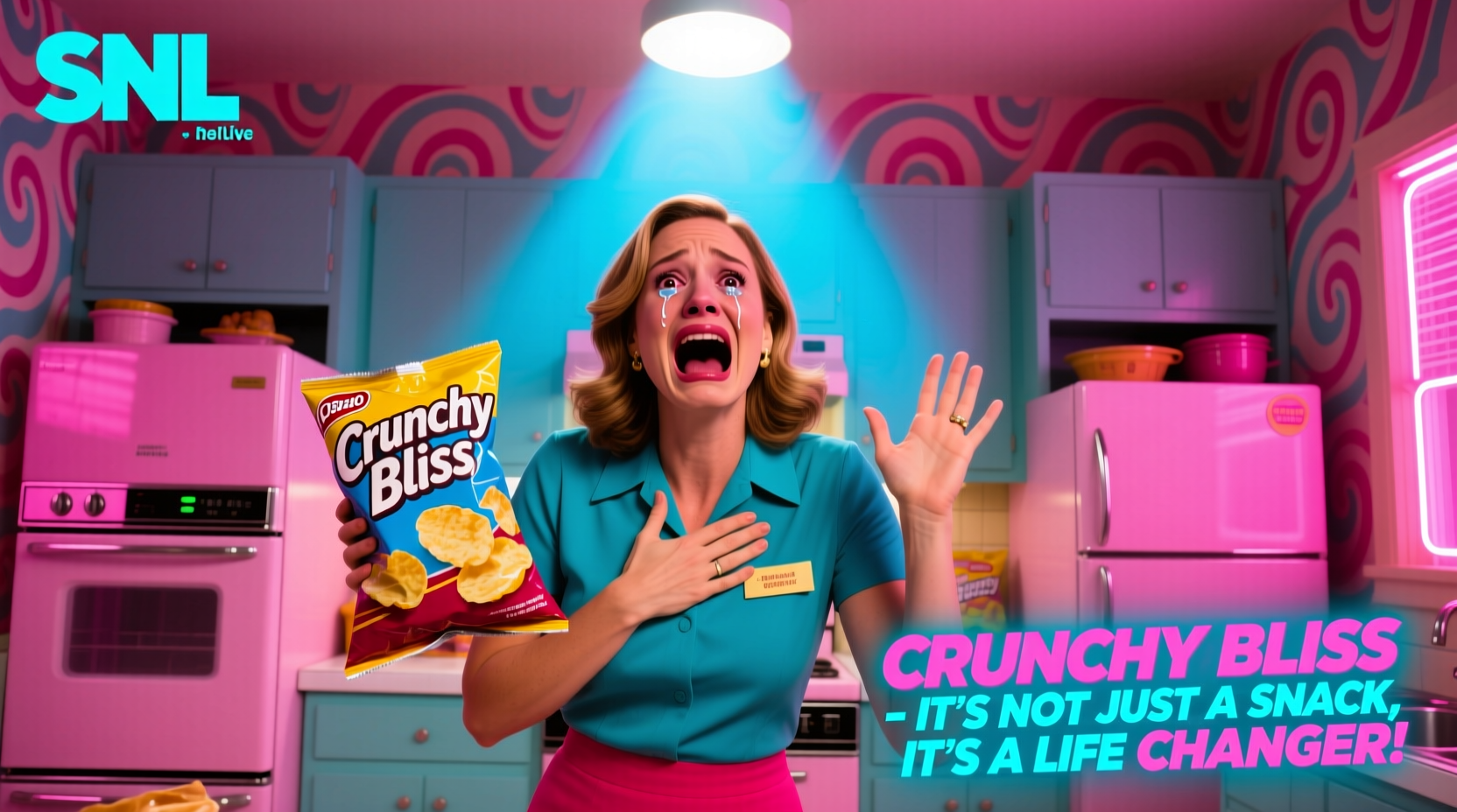 Cecily Strong emotional in SNL potato chip commercial sketch