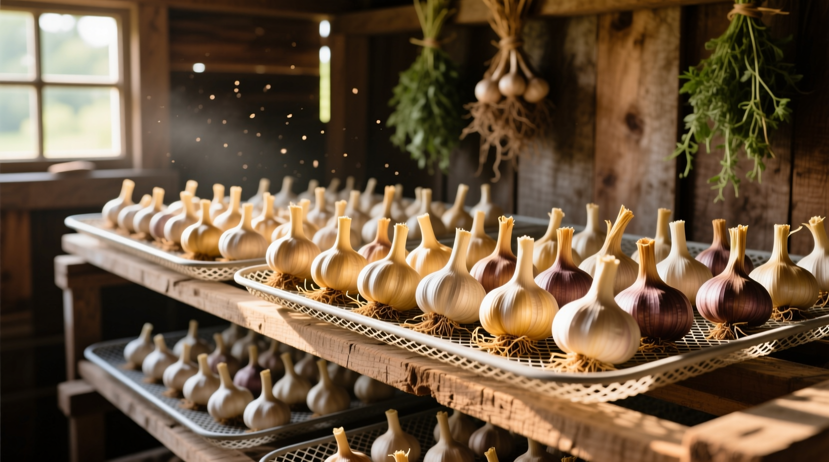 Garlic bulbs curing on mesh trays in well-ventilated shed