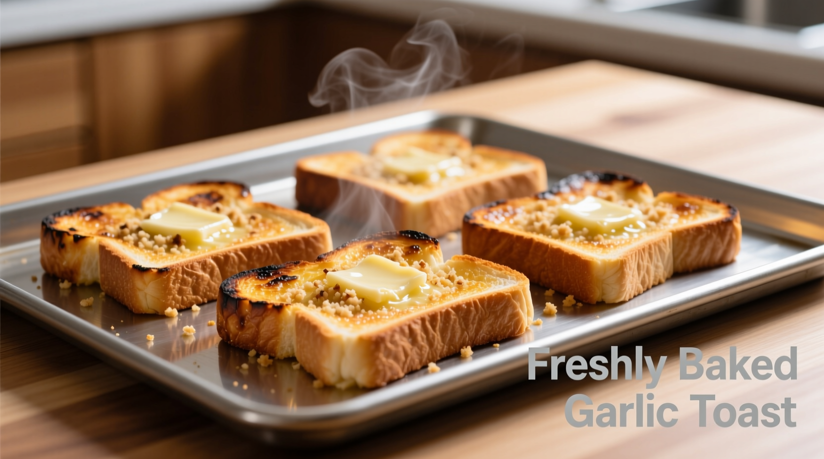 Golden brown frozen garlic toast on baking sheet