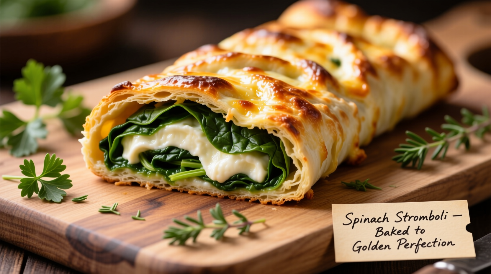 Golden baked spinach stromboli sliced open
