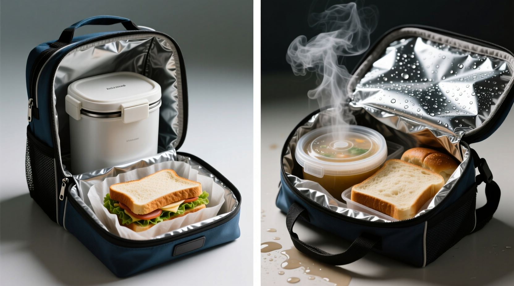 Cross-section diagram showing heat retention layers: hot food in stainless thermos, surrounded by folded cotton towel, inside an insulated lunch bag with taped seams and aluminized lining, all enclosed in a winter coat pocket