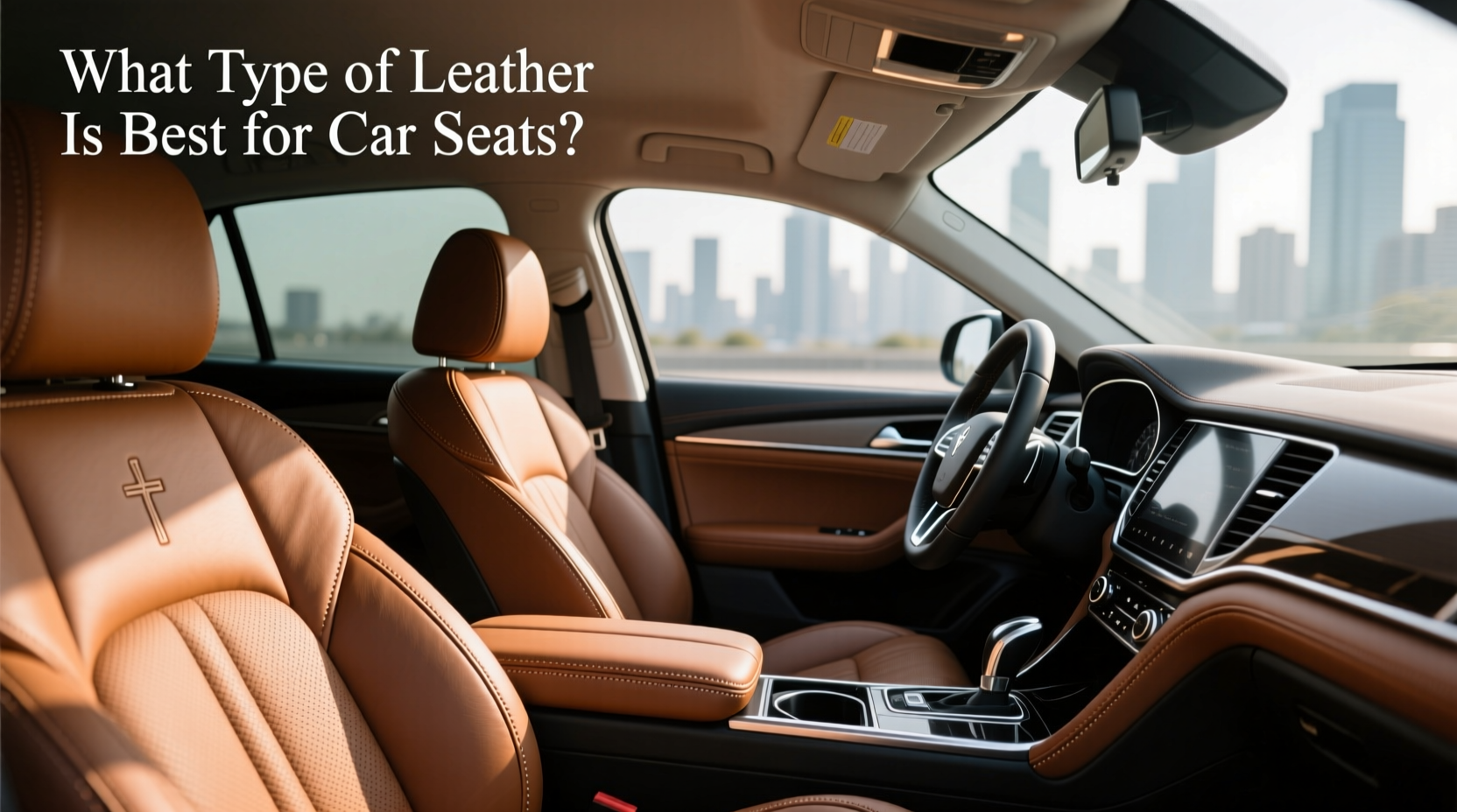 Close-up view of textured leather used for car seats showing grain pattern and stitching detail