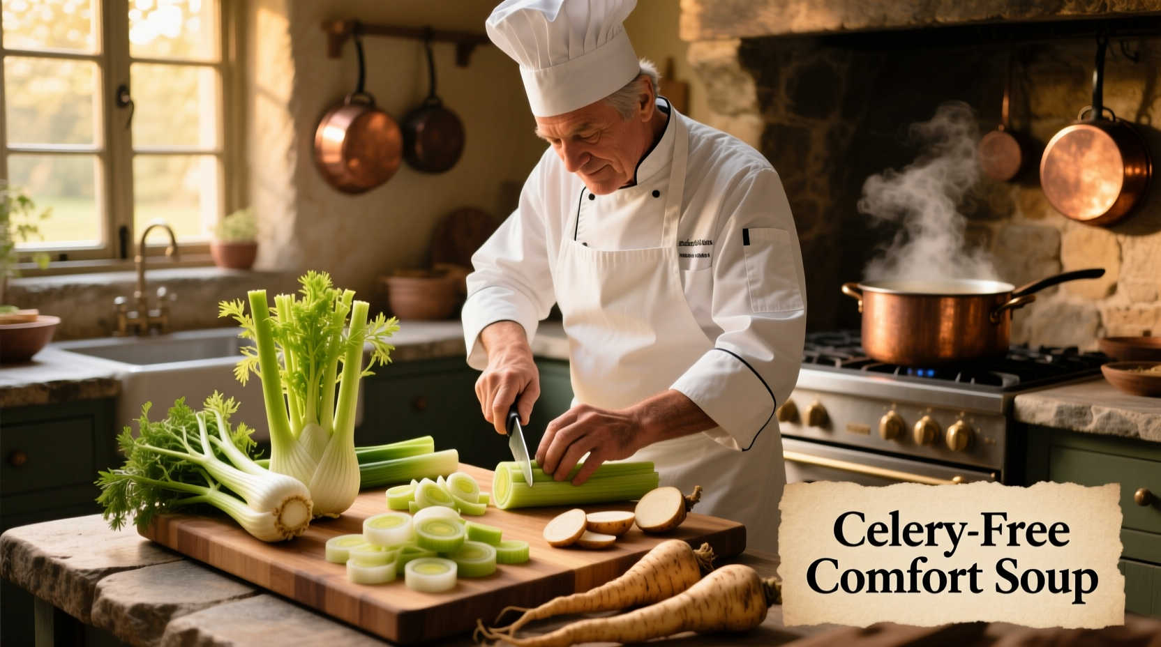 Chef preparing celery alternatives for soup