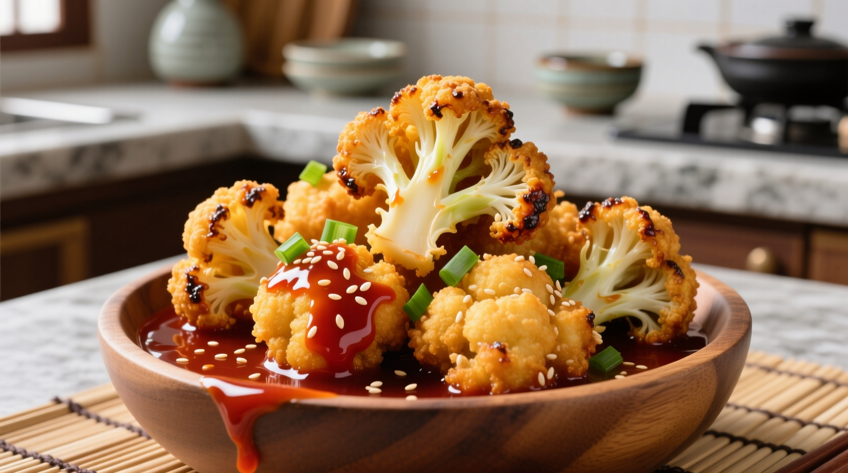 Crispy golden Korean fried cauliflower with gochujang dipping sauce