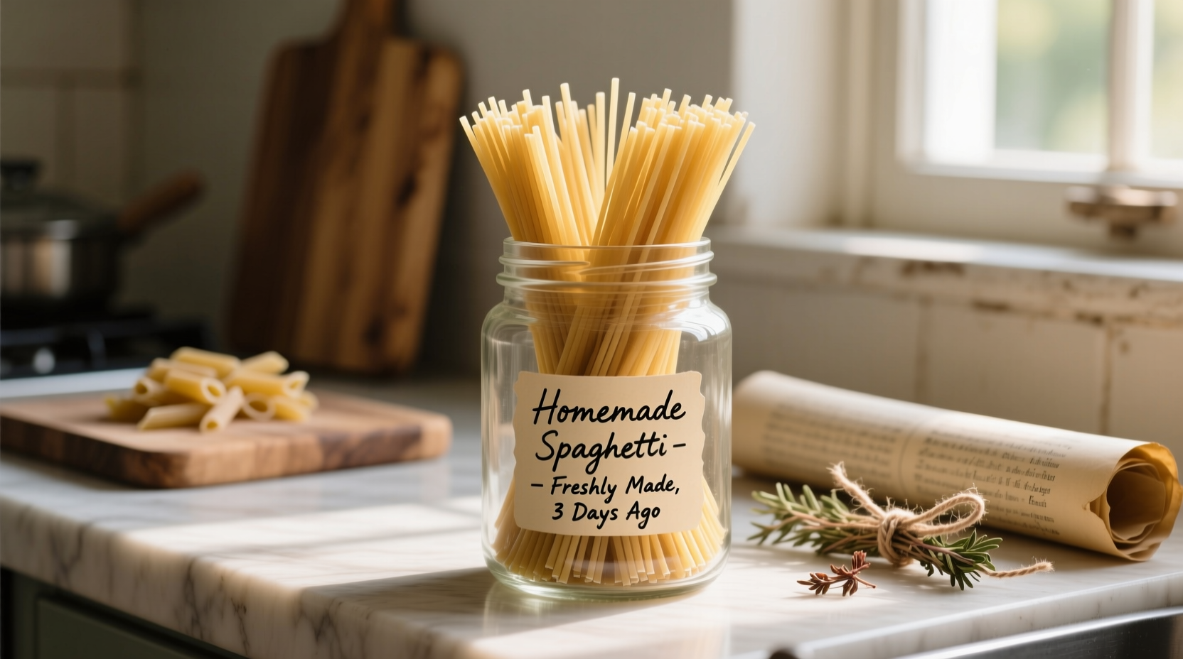 Dried homemade pasta stored in labeled glass jar