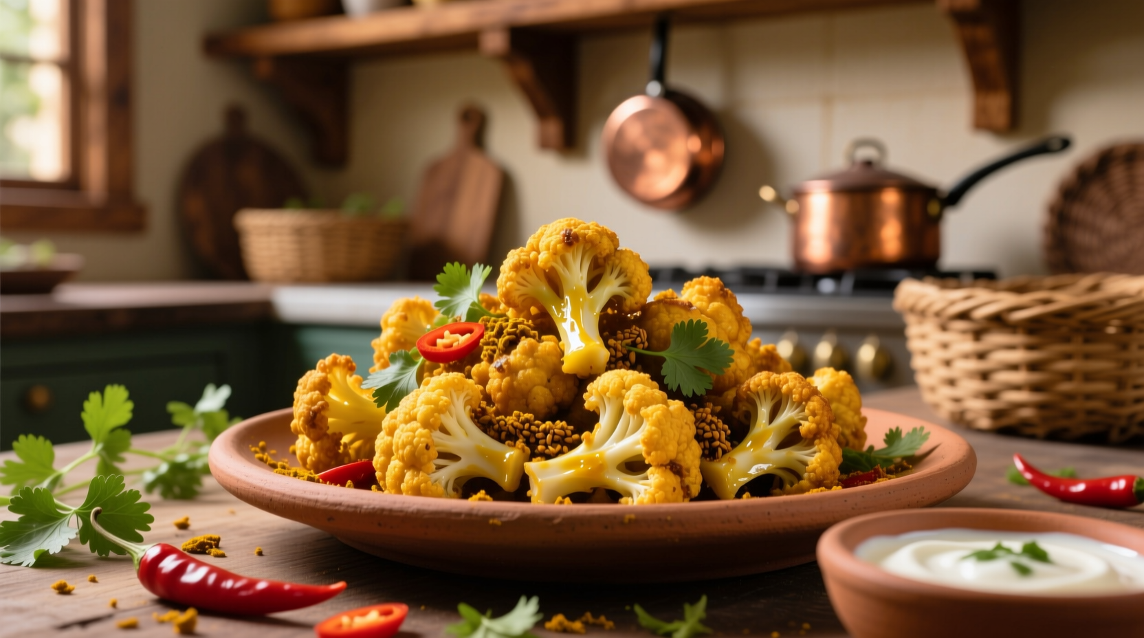 Golden Indian fried cauliflower with turmeric and cumin spices