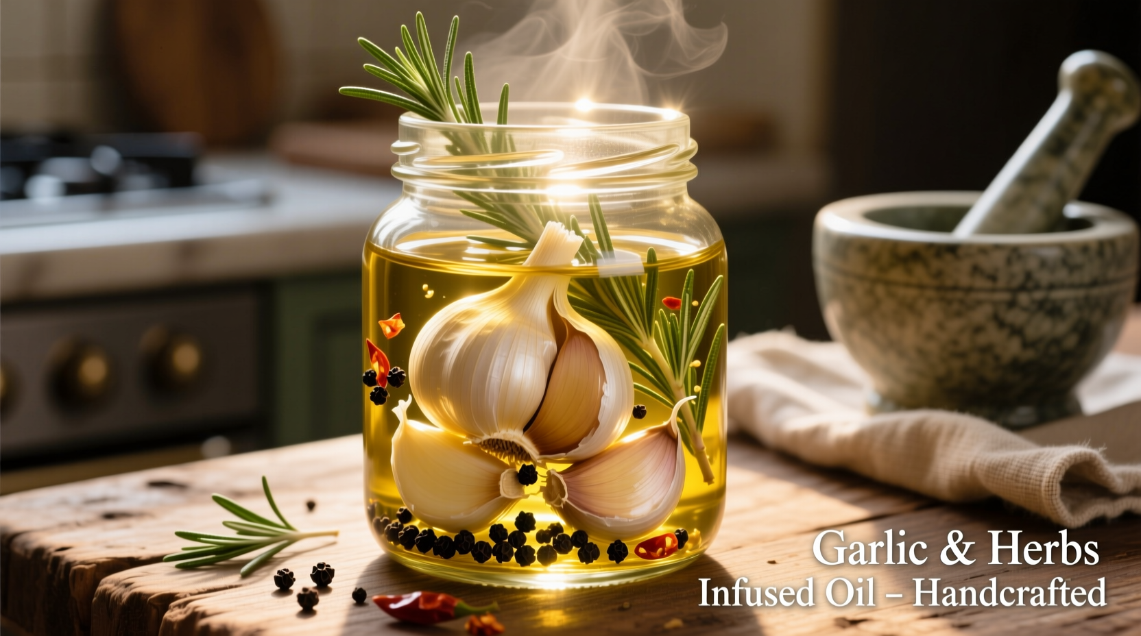 Golden garlic cloves submerged in olive oil with herbs