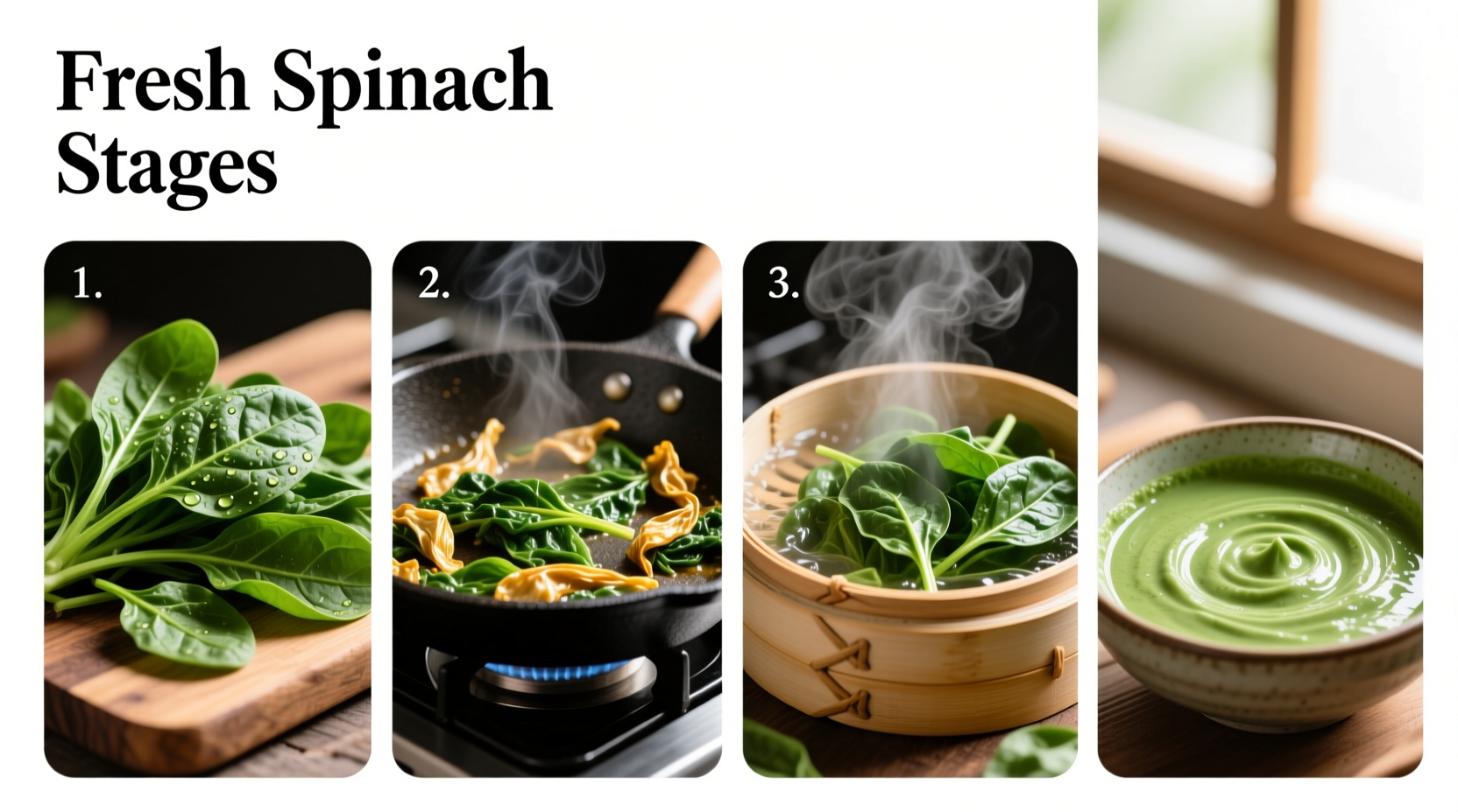 Fresh spinach in various cooking stages