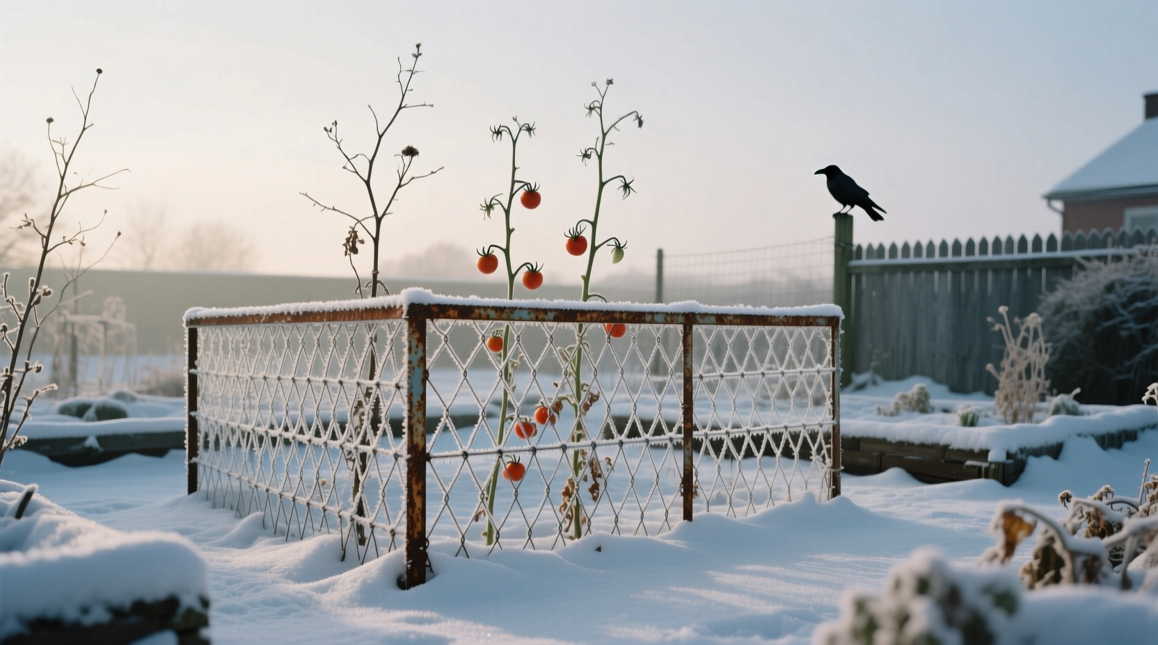 Empty tomato cages standing in winter garden with snow