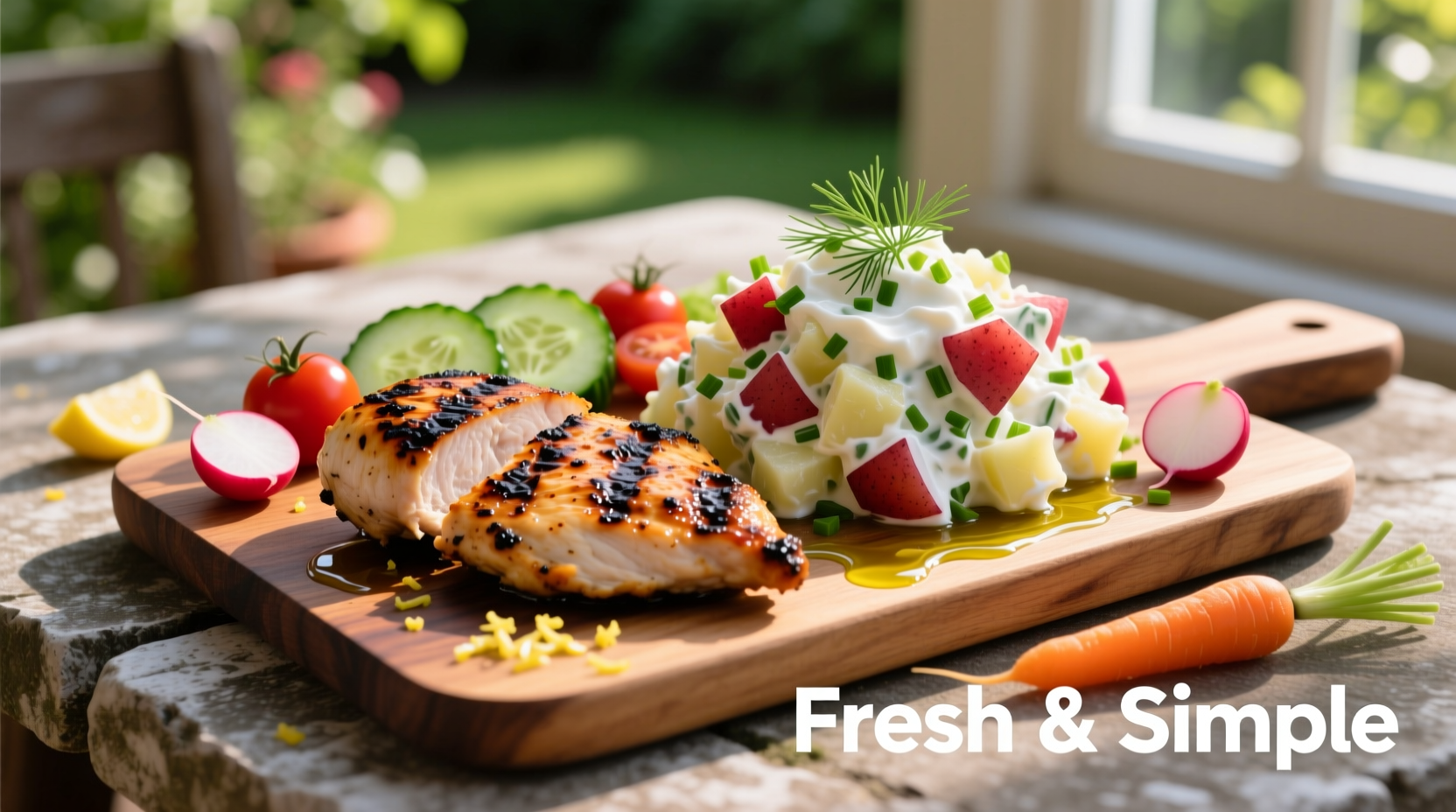 Grilled chicken with potato salad and fresh vegetables