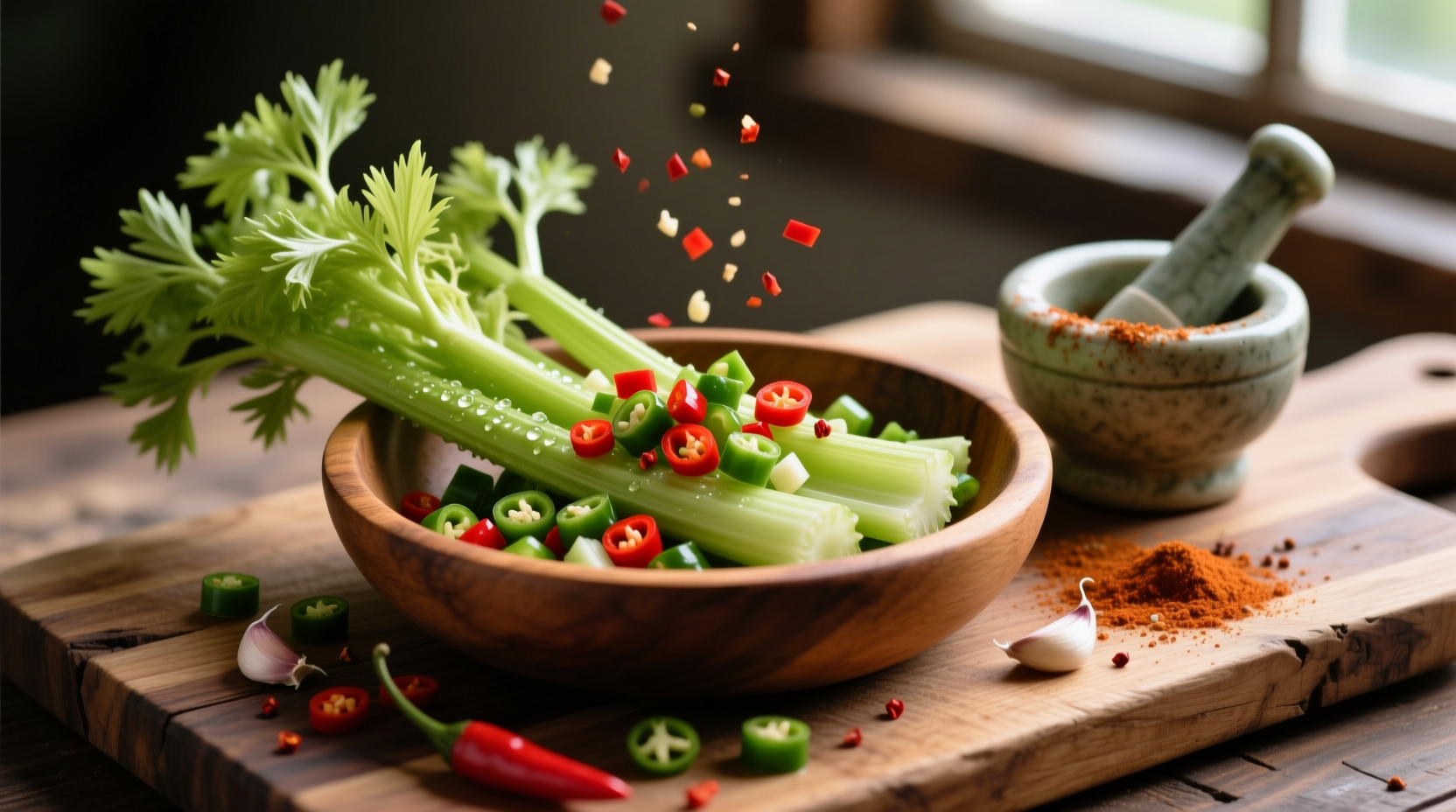 Chopped celery in a wooden bowl next to chili ingredients