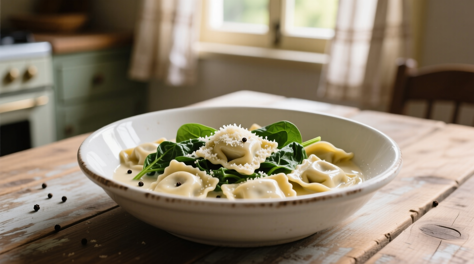 Creamy tortellini and spinach in white bowl