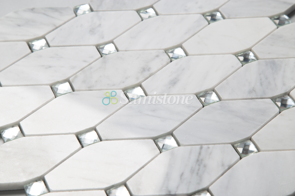 Samistone Popular Carrara Natural Stone Mix Glass Octagon White Marble Mosaic Backsplash Tiles for Kitchen