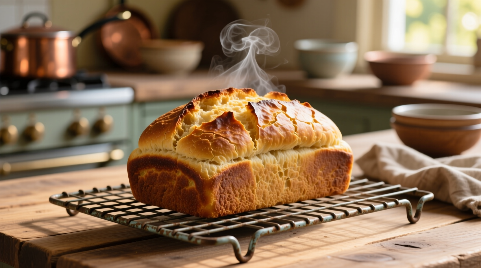 Golden brown potato bread loaf cooling on wire rack