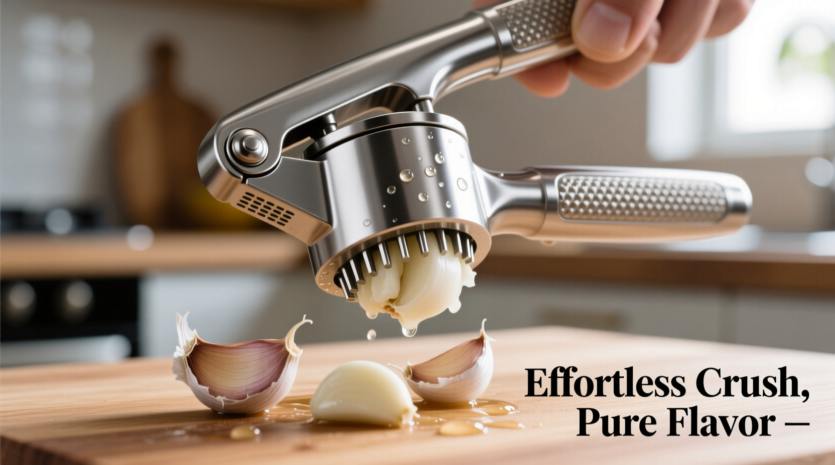 Stainless steel garlic press showing messy garlic pulp