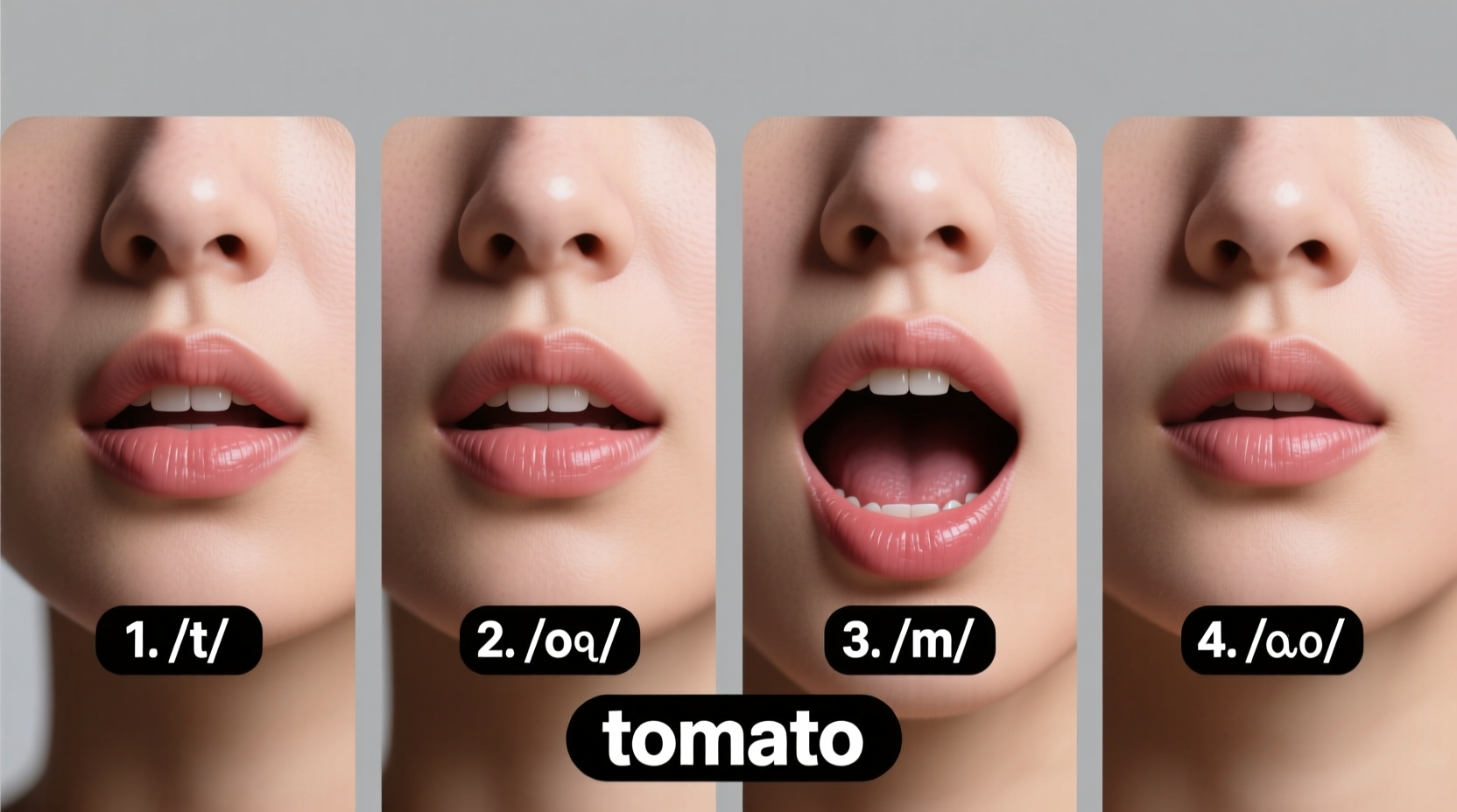 Visual guide showing mouth positions for tomato pronunciation