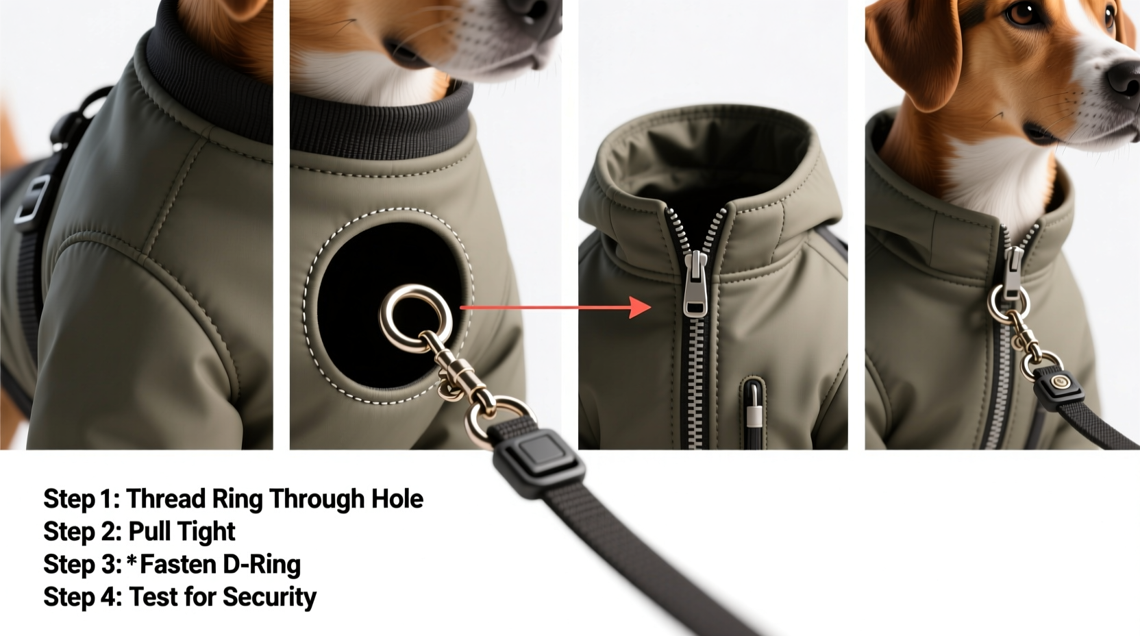 step by step guide to securely attaching a leash to a dog jacket with a built in hole