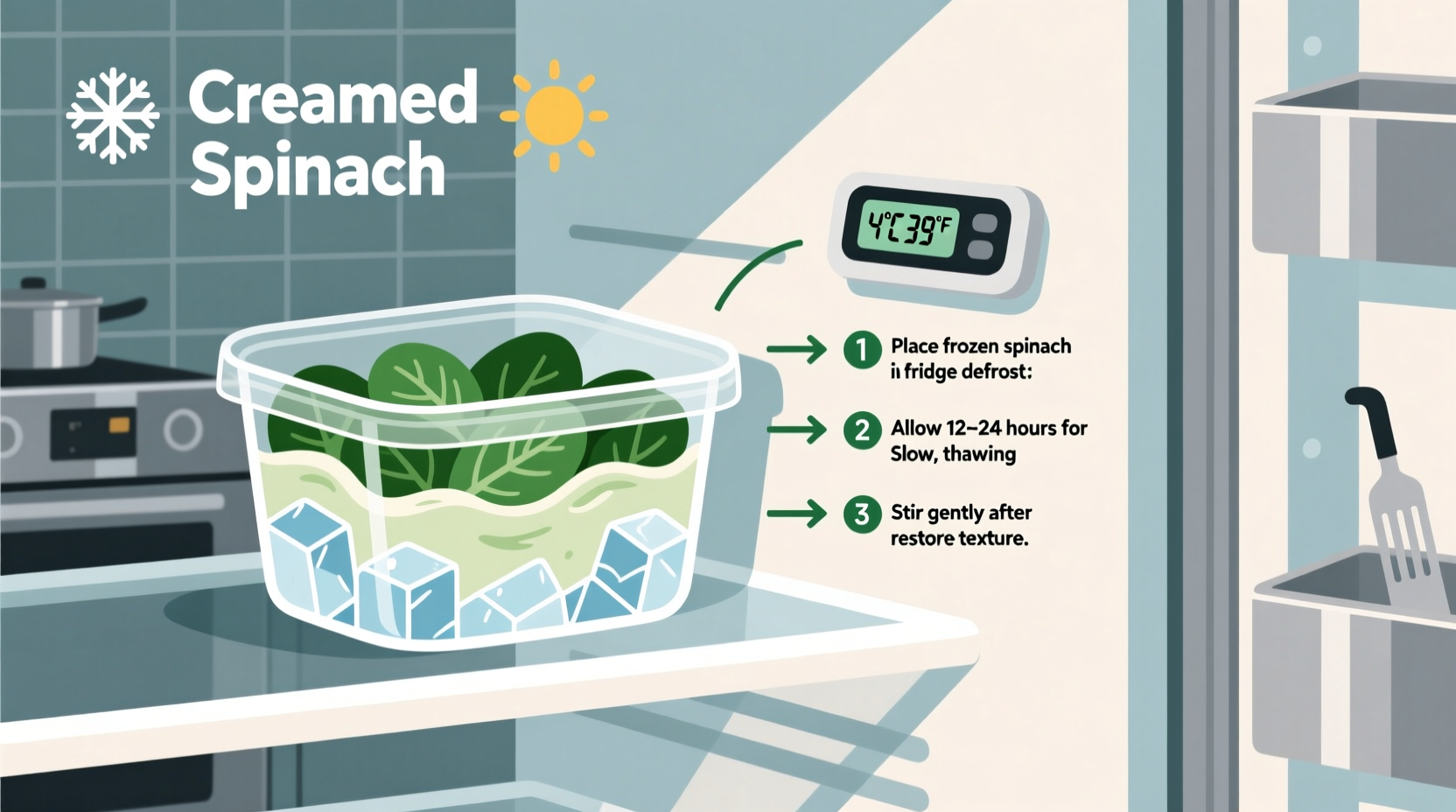 Proper thawing method for frozen creamed spinach in refrigerator