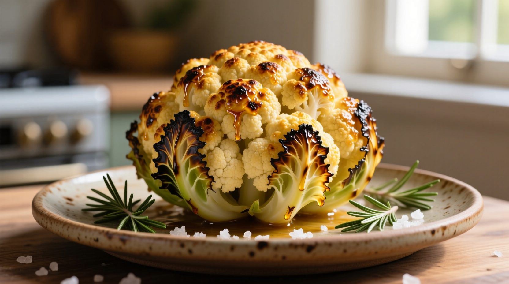 Golden whole roasted cauliflower on ceramic platter