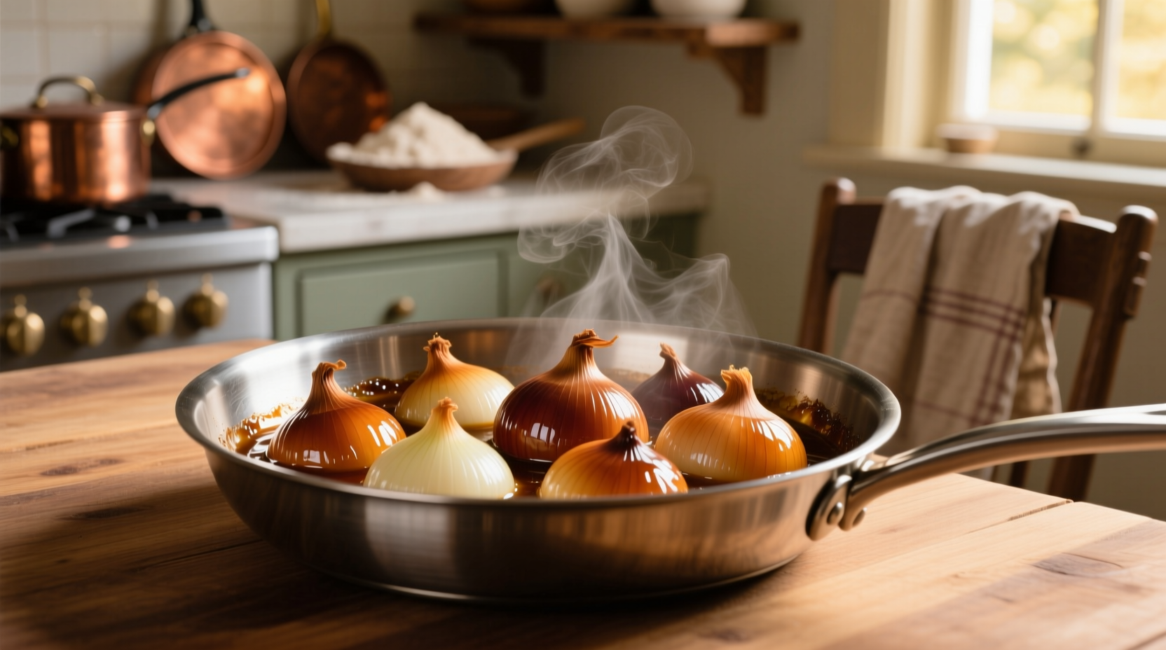Perfectly caramelized onions in stainless steel pan