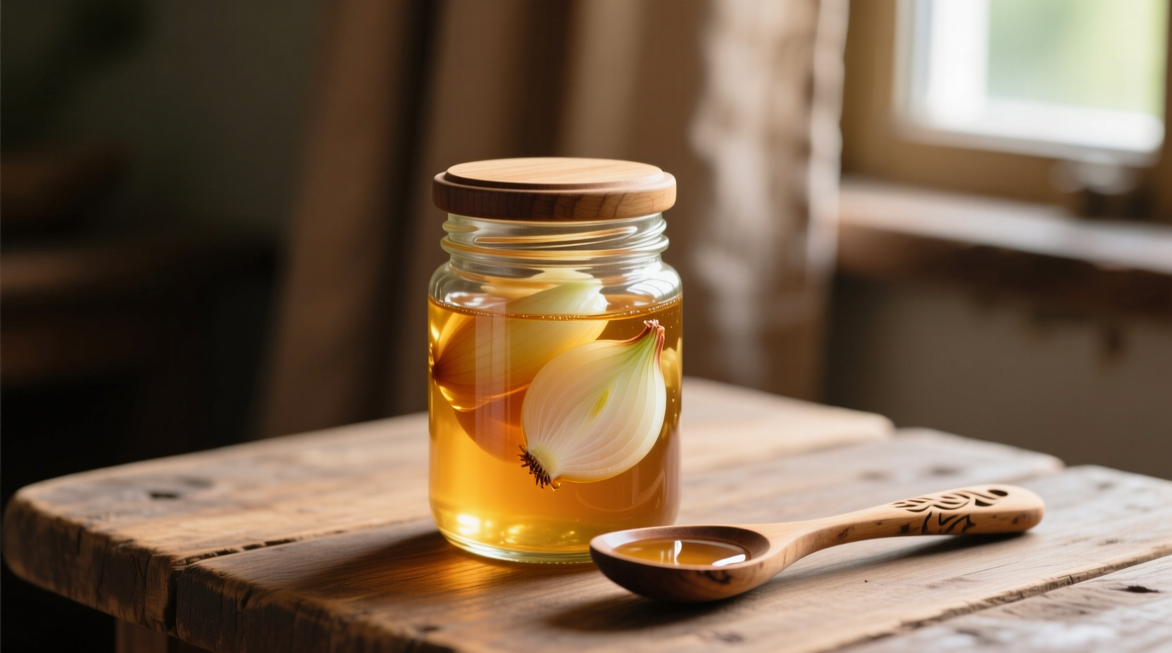 Honey and onion remedy in glass jar with spoon