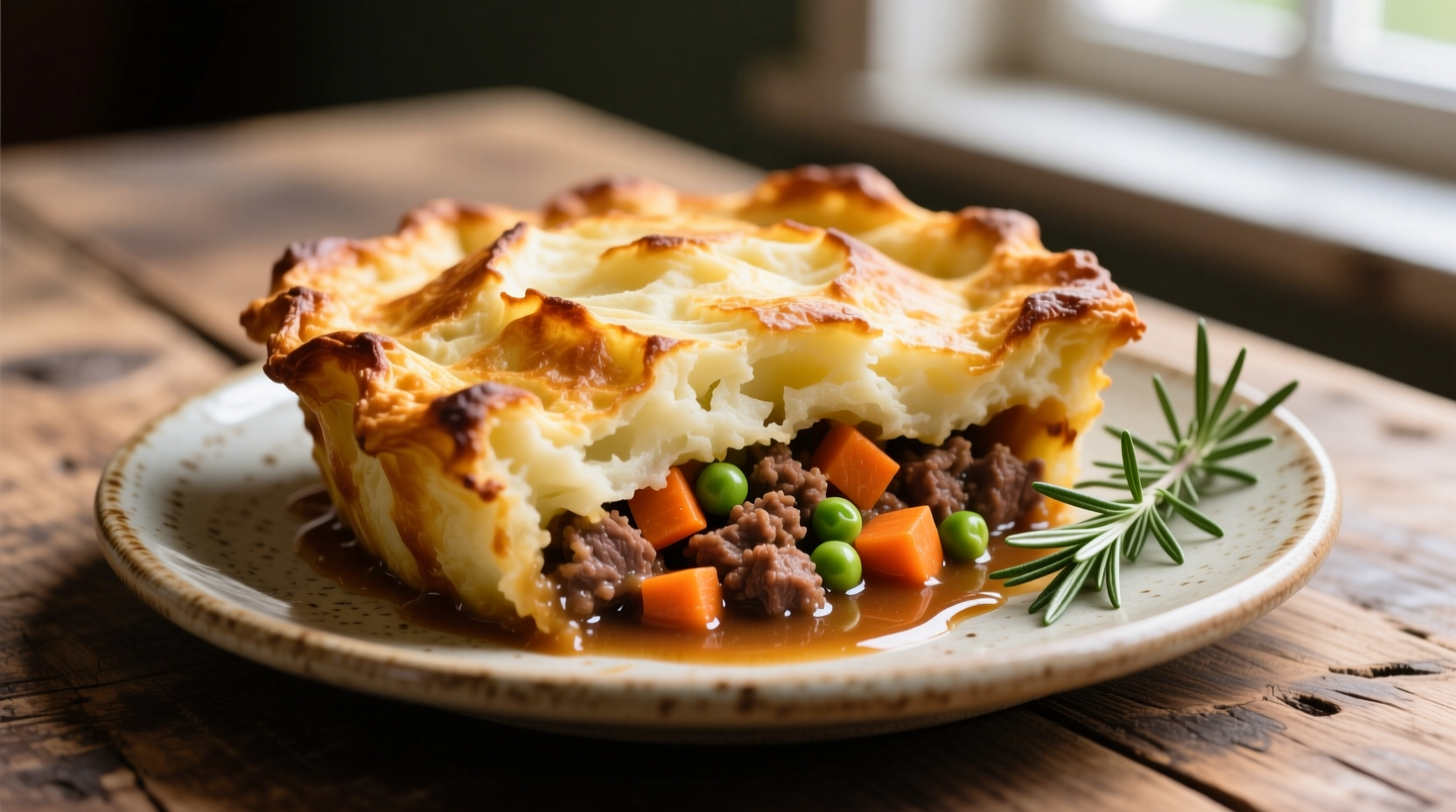 Golden-brown shepherd's pie with mashed potato topping