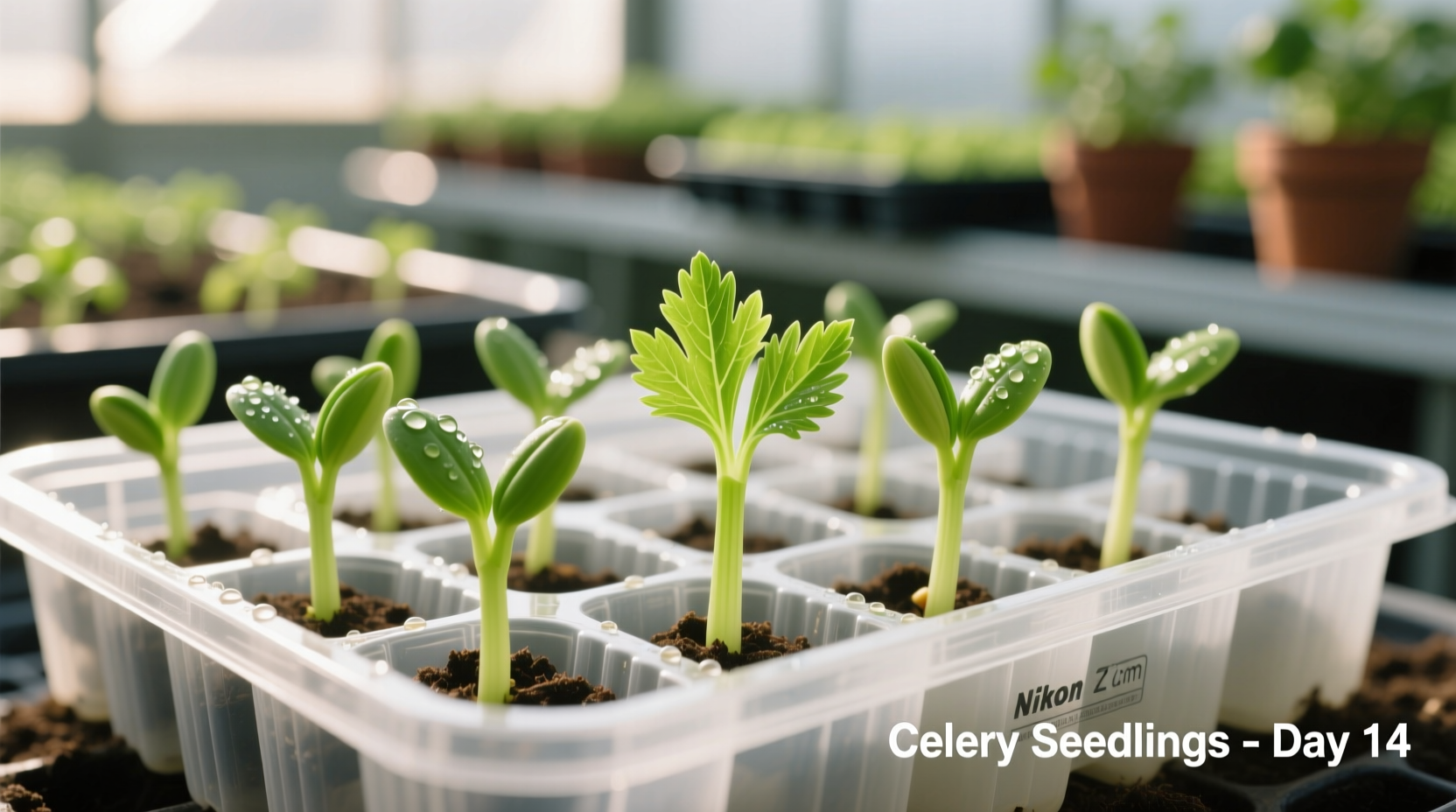 Celery seedlings growing in seed tray with proper spacing