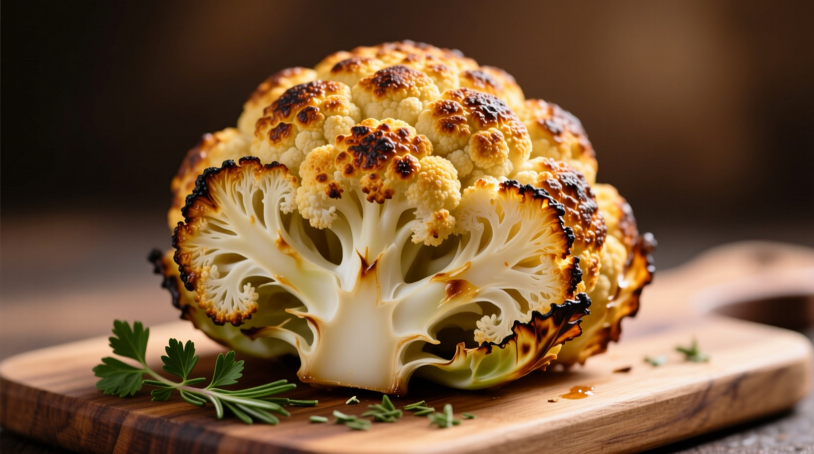 Golden brown whole baked cauliflower with crispy edges