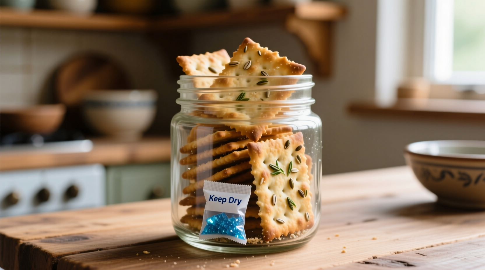 fresh homemade crackers stored in mason jar with silica packet