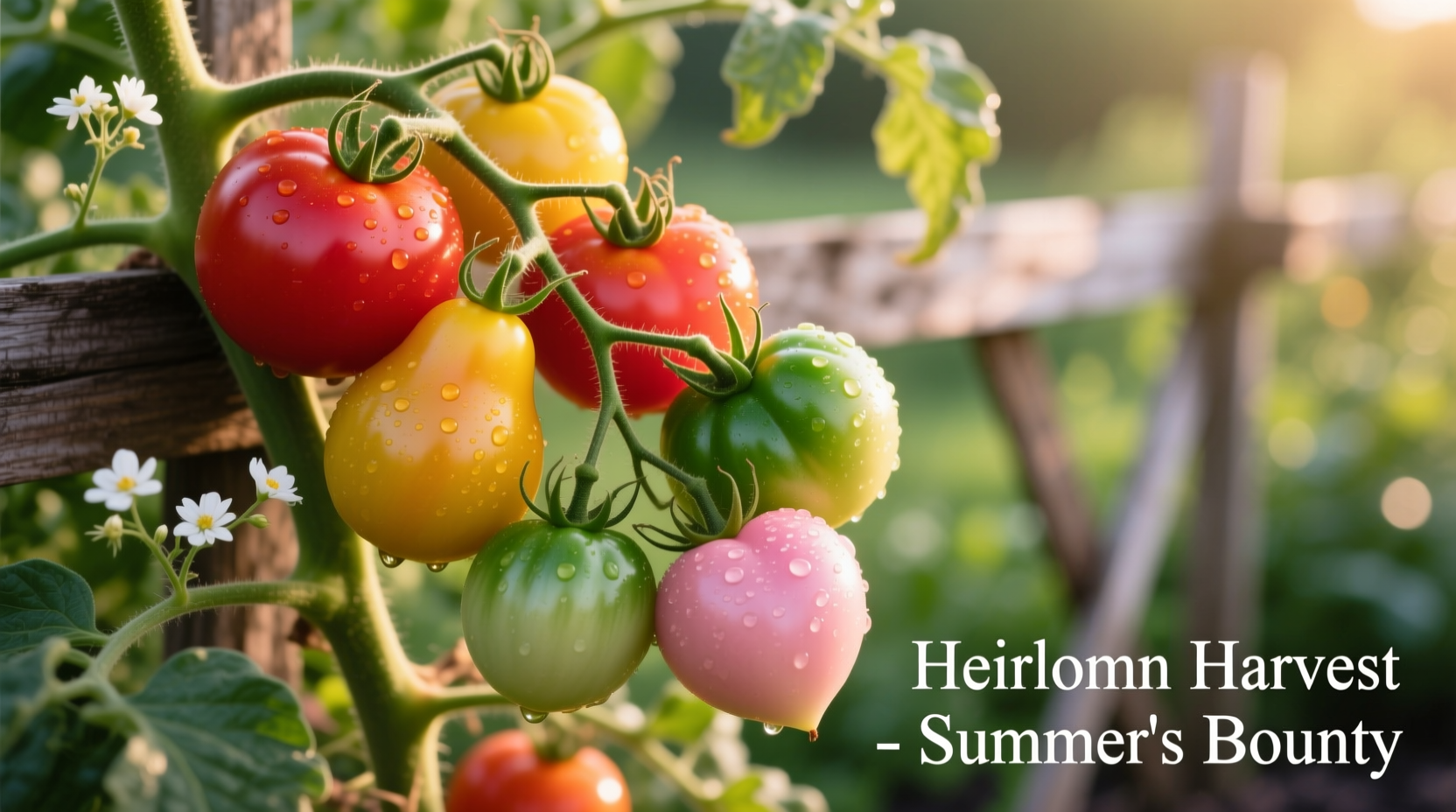 Colorful heirloom tomatoes on vine with varied shapes and hues