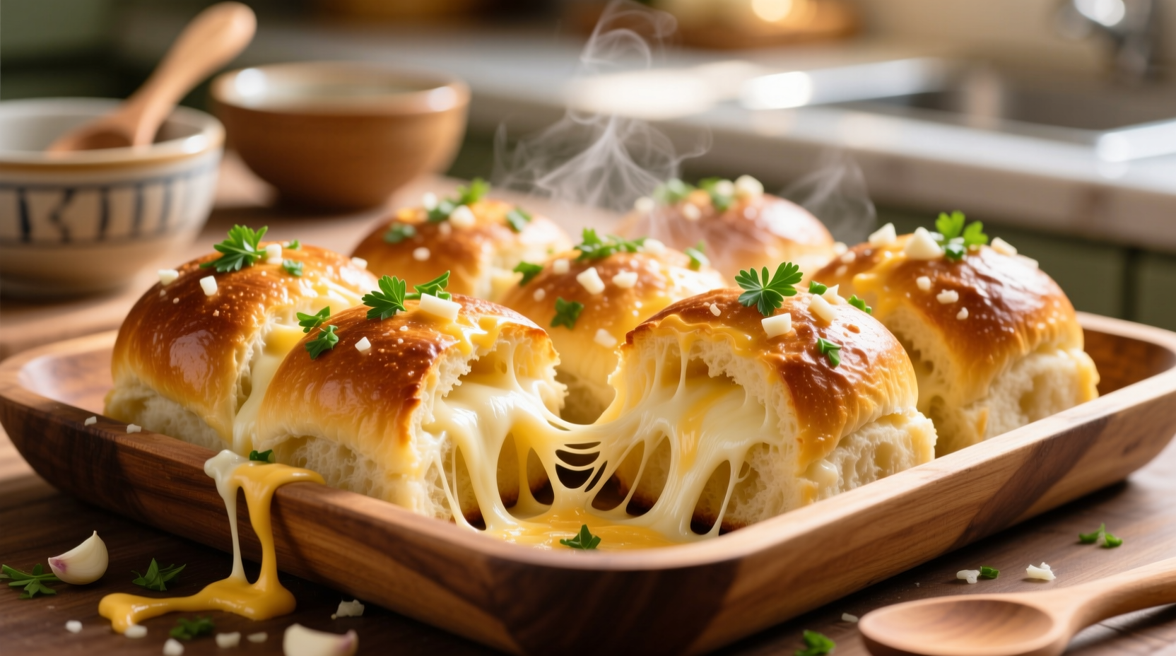 Golden cheesy garlic pull apart bread with melted cheese strands
