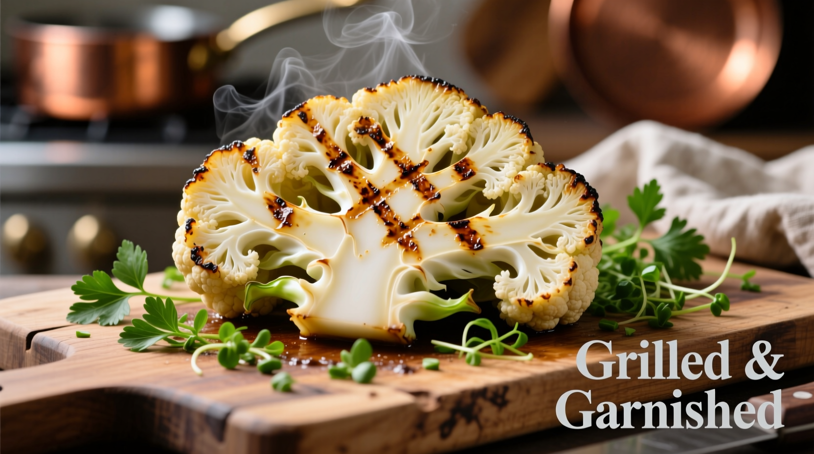 Perfectly grilled cauliflower steak with char marks and herb garnish