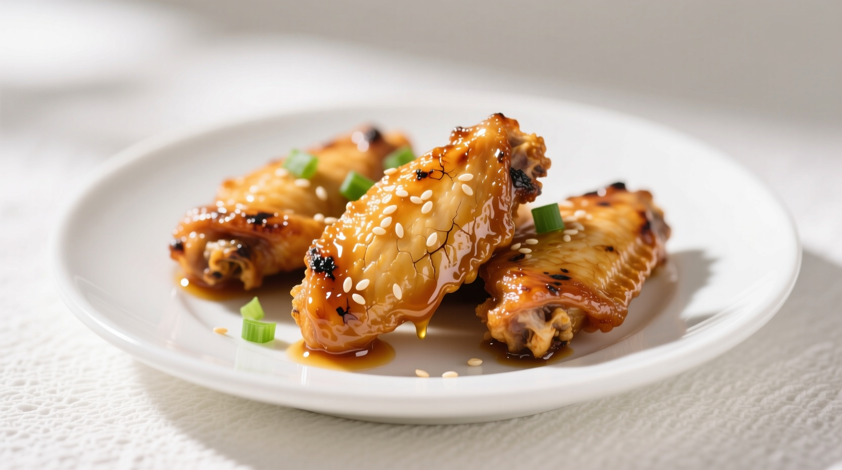 Crispy honey garlic chicken wings on white plate