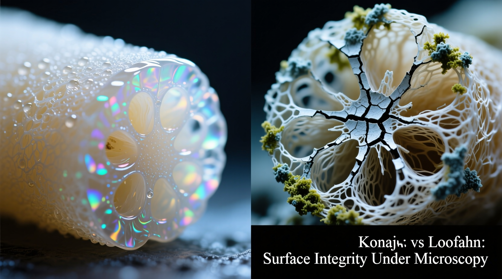 Side-by-side macro photography: left shows smooth, hydrated konjac sponge surface under polarized light; right reveals cracked, mineral-encrusted loofah fibers with visible biofilm residue
